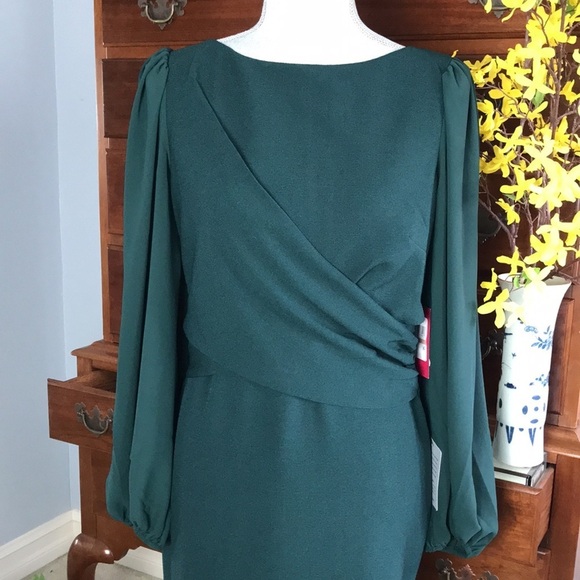 Vince Camuto Sheer Long Sleeve Stretch Crepe Sheath Dress Hunter Green Size 12 - Picture 4 of 13